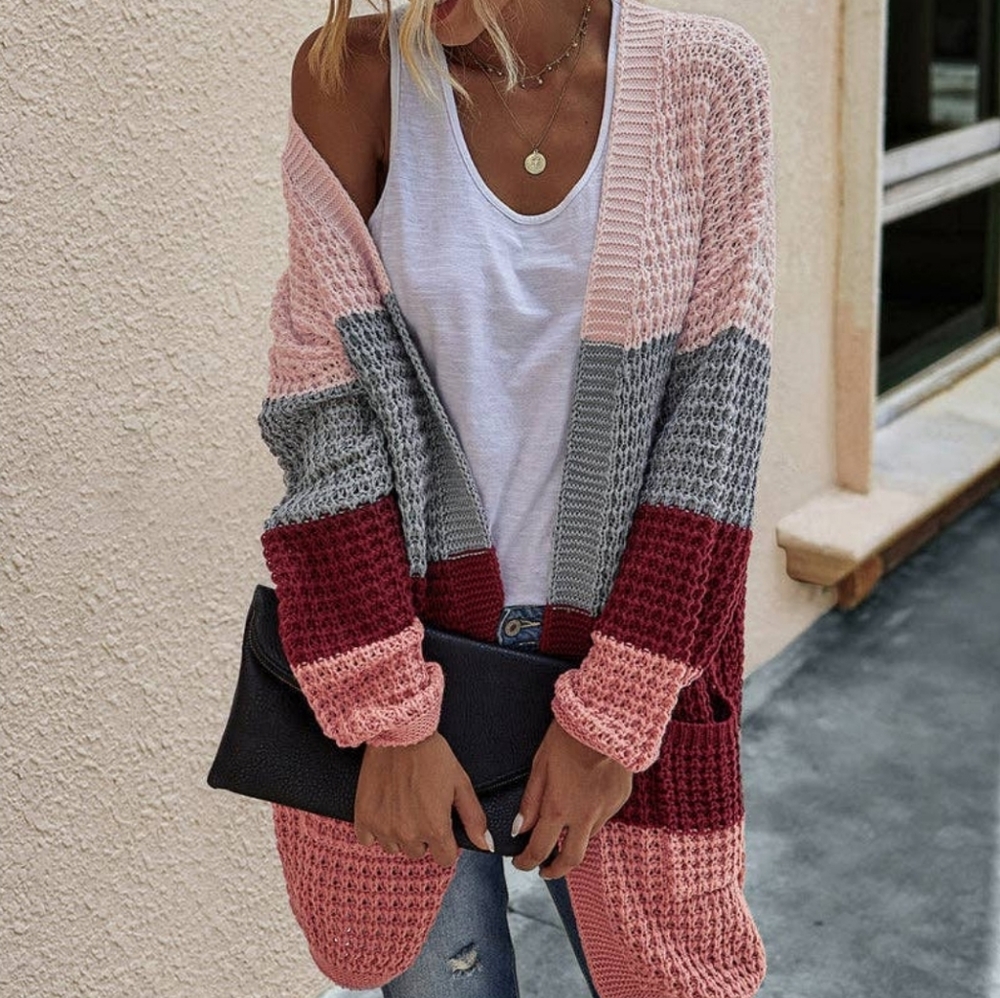 Color Block Open Knit Cardigan Sweater